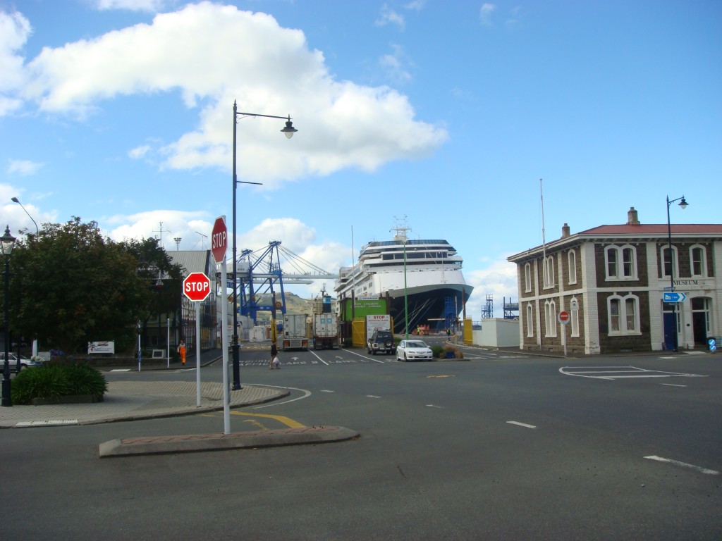 Port Chambers, the Vollendam berthed at the end of the Main Street.