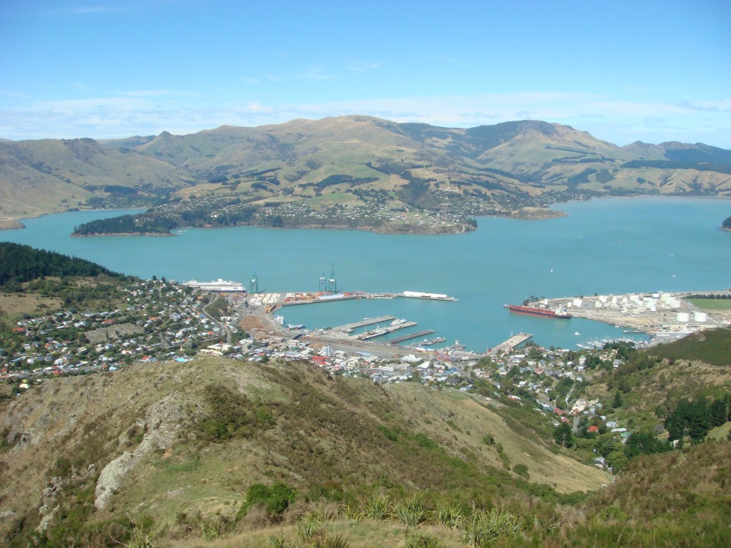 From the top of the chairlift in Christchurch.  Looking northeast down on Lyttolton and it's harbour. Can you spot the Vollendam ?