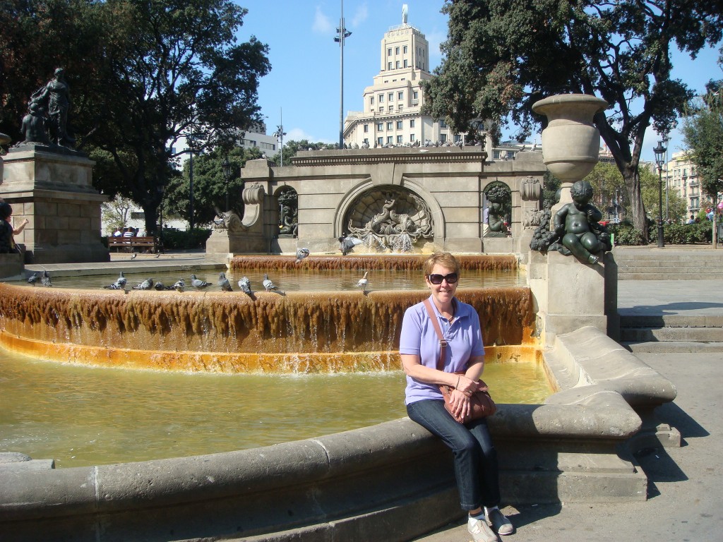Pam at the fountain, Place De Catalunya, Barcelona, Spain. 2001
