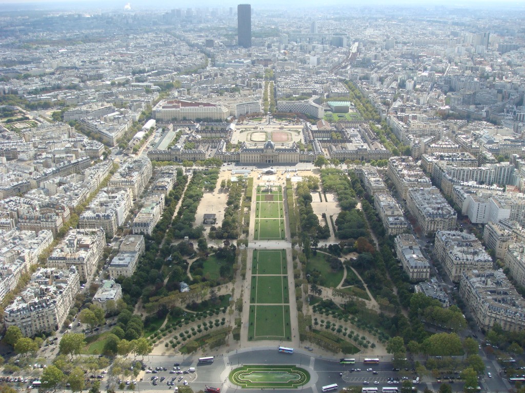 Champs de Mars and beyond from the Eiffel Tower, Paris.  2011