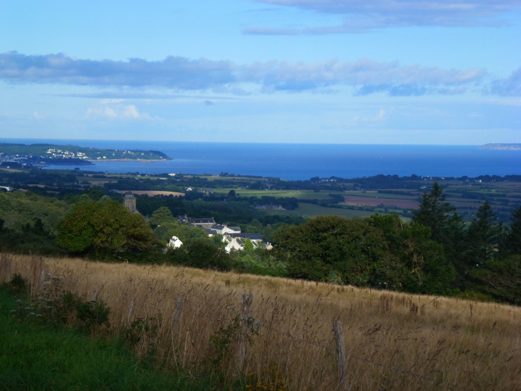 From La Motte, Locronan in the valley below and the waters of the Crozon peninsula in the distance, Brittany.  2014