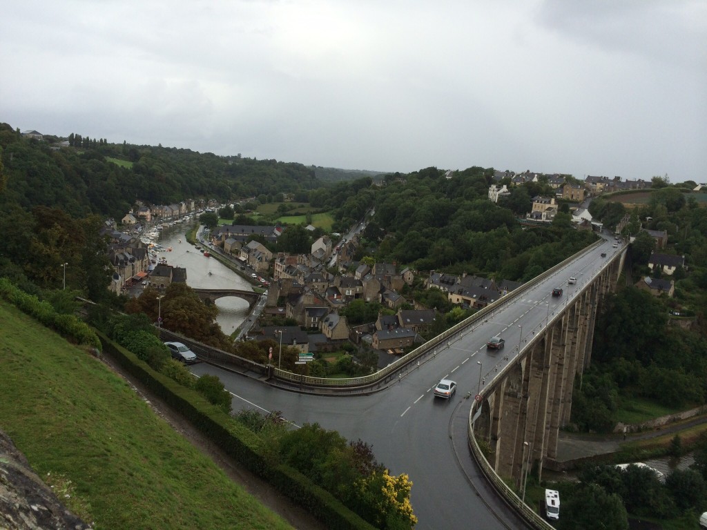Wonderful views of the viaduct and old Port of Dinan on the canal from the walls of the old city, Brittany, France.  2014