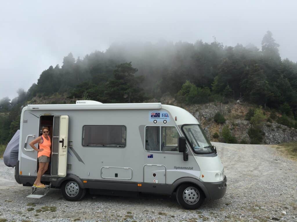 Our Hymer in the mist, on Mount Olympus. It's much cooler than on the coast.