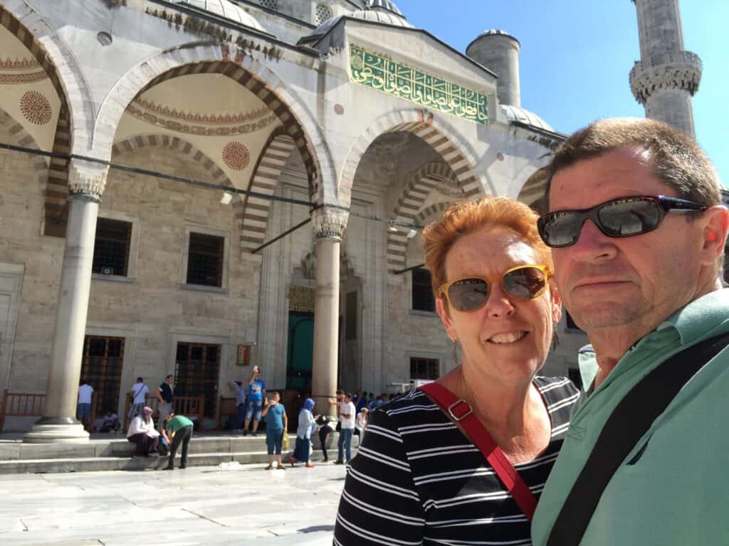 Our first afternoon was a visit to the Blue Mosque. To be honest we were a bit under whelmed. It is a large and very complex building with its domes and minuettes. But inside it was very dull and drab. We thought more a grey than blue.