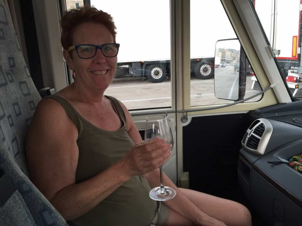 The 90 minute wait was too long for Pam and a camper car glass of wine was required