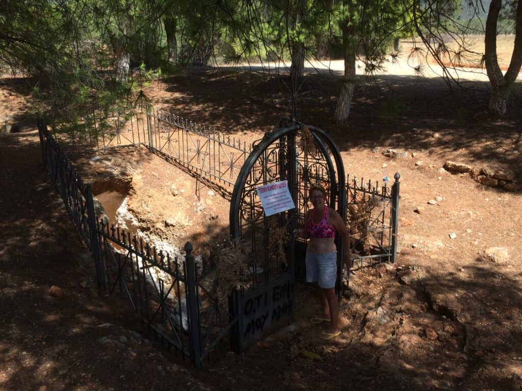 Entry into the sinkhole is through this elaborate wrought iron gate. It's a pretty little spot with a bit of shade under the pine trees and a little breeze, so we lunch here as well.