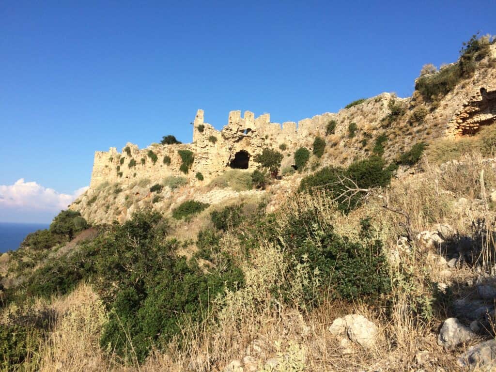 The ruins of Navarro Castle on the headland above.