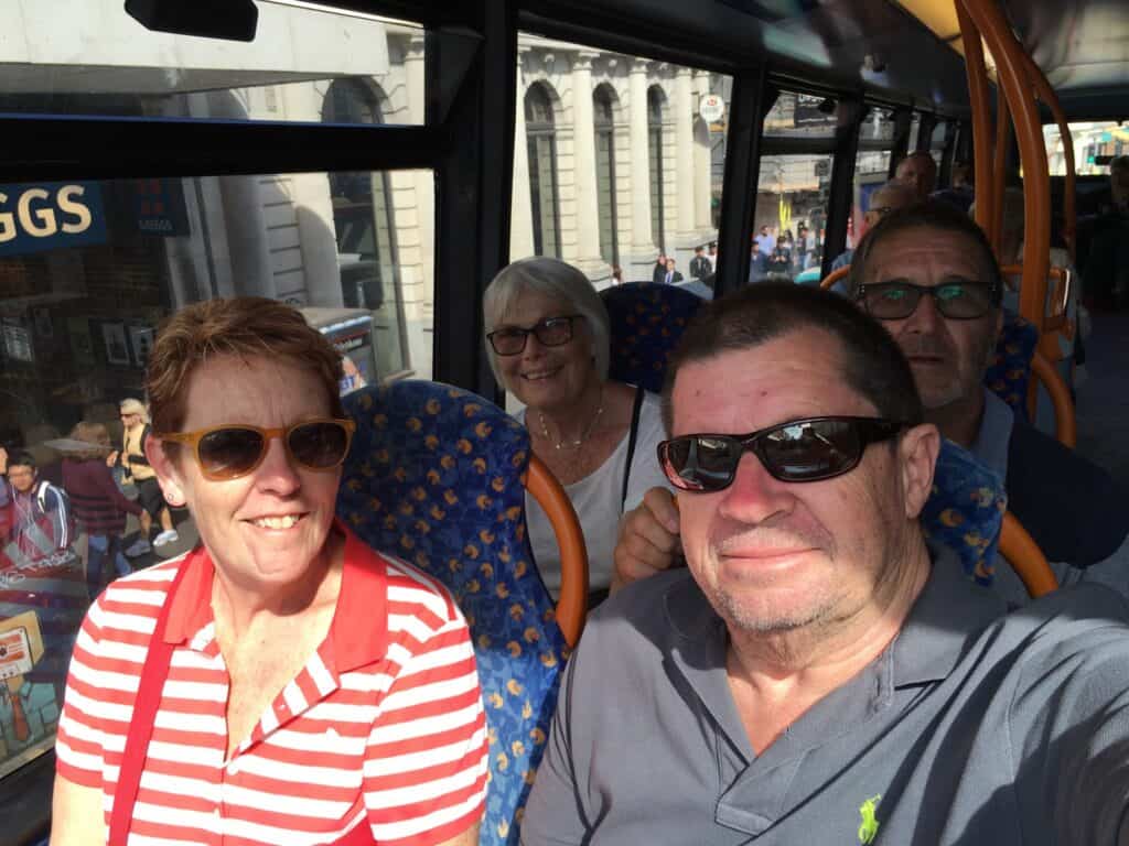 Front of the bus selfie, with Terry and Lelia behind.