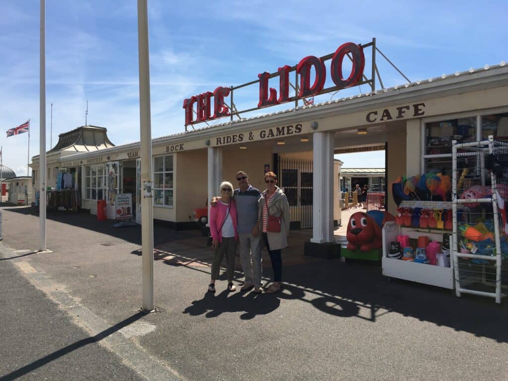 The entrance to Worthing Pier, with Lelia, Terry and Pam. The pier is beautifully maintained,it's artdeco tea and coffee house worth a visit.